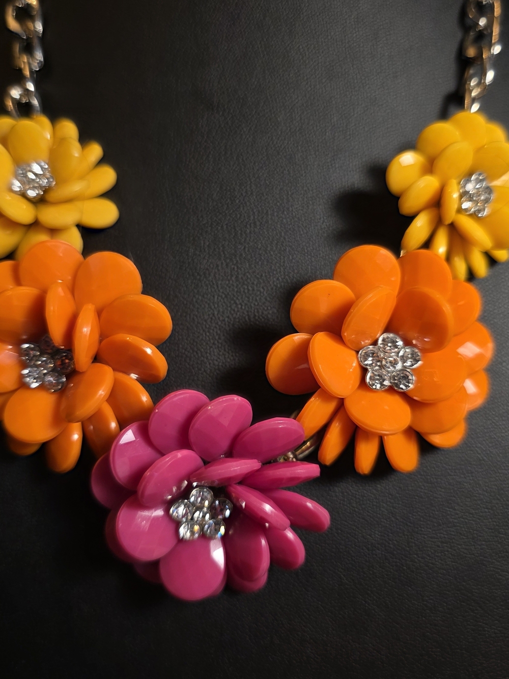 Vibrant Floral Statement Necklace - Pink, Orange & Yellow. Rhinestones. Colorful